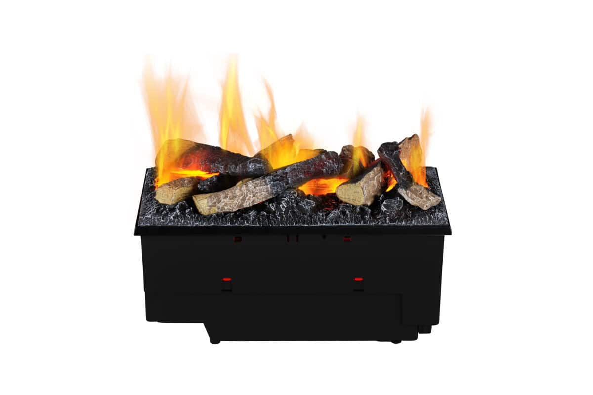 A black electric water vapour fire with logs and flames.