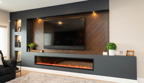 τζάκι εντοιχιζόμενο ηλεκτρικό, με μεγάλο μήκος 2,5 μέτρων κάτω από τηλεόραση, ιδέες διακόσμησης, ανακαίνισης, θέρμανση, Dimplex
