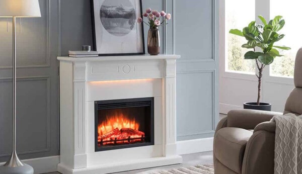 Ηλεκτρικό τζάκι δαπέδου, άσπρο, σκαλιστό, από mdf, με περιμετρικό φωτισμό led, εφέ φλόγας, διακόσμηση, θέρμανση, Richen Leandros