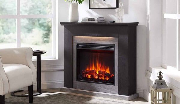 τζάκι δαπέδου ηλεκτρικό, μαύρο - γκρι, από mdf, με περιμετρικό φωτισμό led, εφέ φλόγας, διακόσμηση, θέρμανση, ανακαίνιση, Richen Ektoras