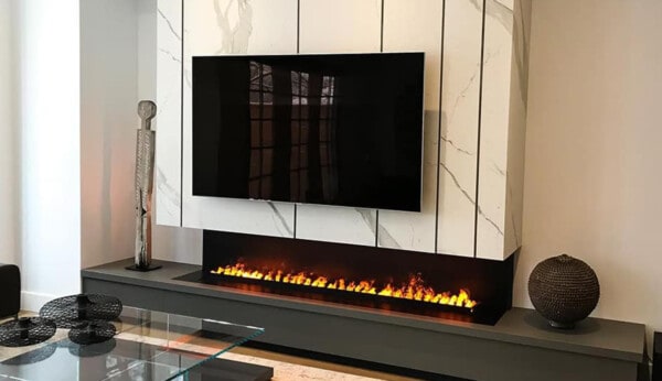 τζάκι optimyst-ατμού, κατασκευή σε μάρμαρο σε σαλόνι με τηλεόραση, μοναδική ατμόσφαιρα, Dimplex cassette 1000 χωρίς ξύλα