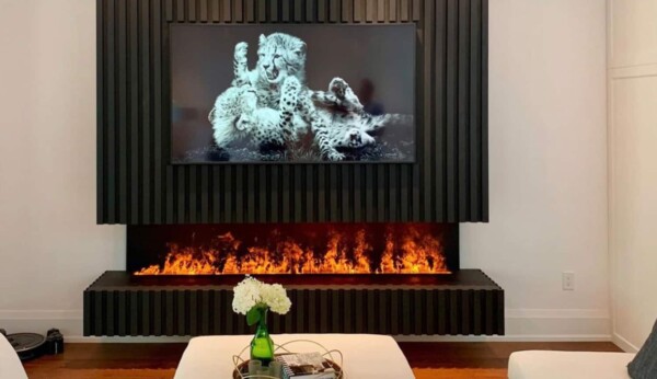 Ηλεκτρικό τζάκι optimyst ατμού, τοποθέτηση σε σαλόνι κάτω από τηλεόραση, Dimplex cassette 1000