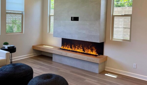 τζάκι optimyst-ατμού, κατασκευή από ξύλο και μάρμαρο σε σαλόνι, διαχωρισμός χώρων, Dimplex cassette 1000