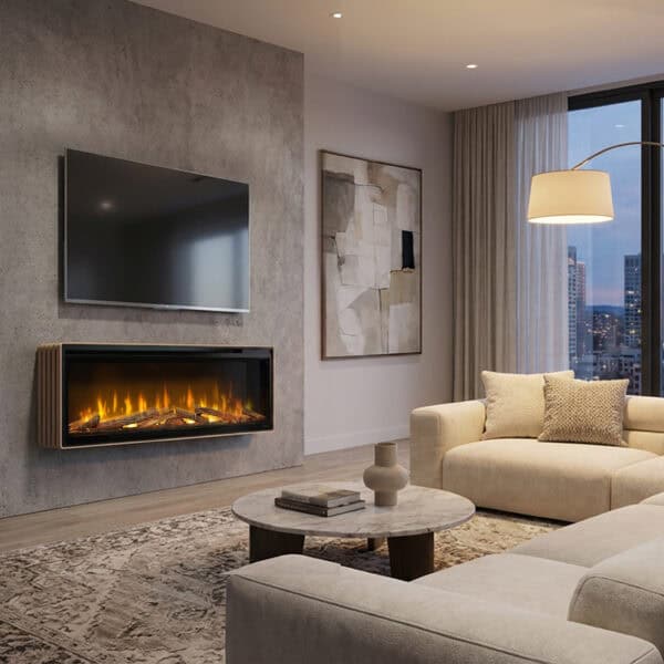 ηλεκτρικό τζάκι τοίχου στο σαλόνι με ξύλινη επένδυση Dimplex_Ignite-Evolve-Rib-Wall.