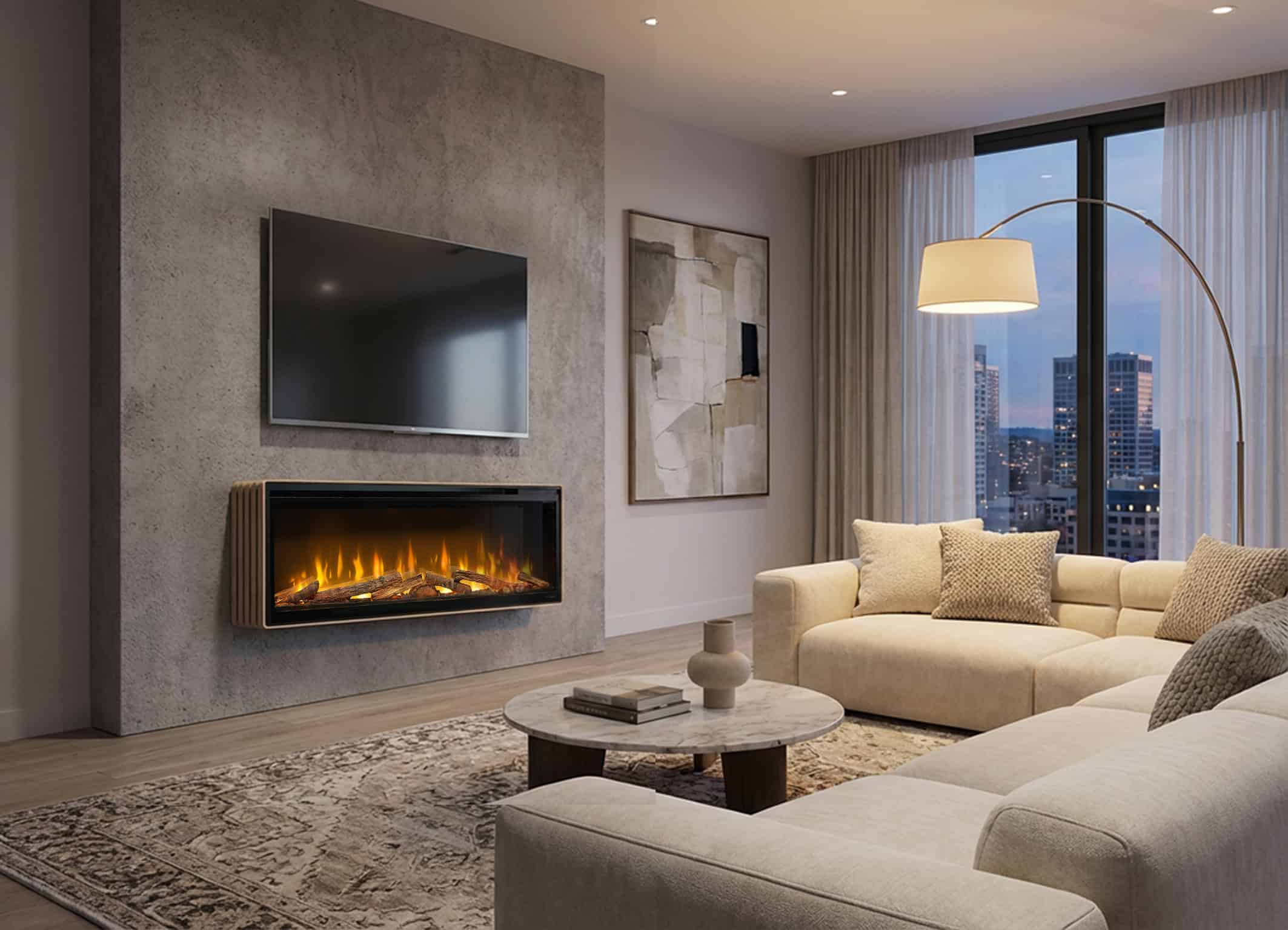 επίτοιχο ηλεκτρικό τζάκι Dimplex_Ignite-Evolve-Rib-Wall. ηλεκτρικό τζάκι τοίχου στο σαλόνι με ξύλινη επένδυση Dimplex_Ignite-Evolve-Rib-Wall.