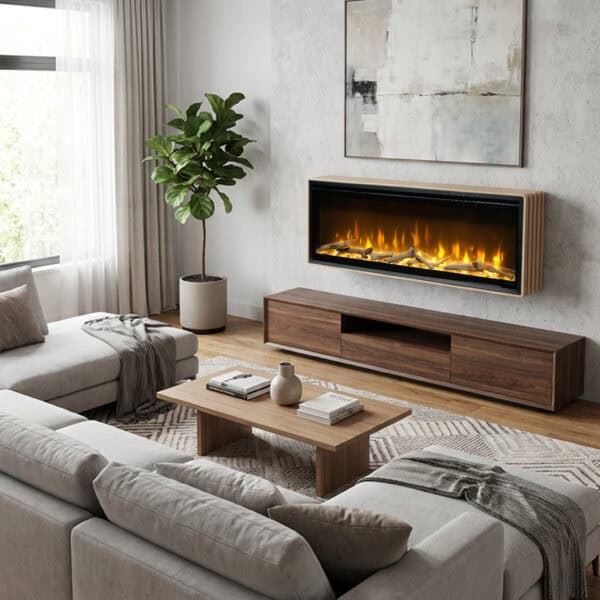 επίτοιχο ηλεκτρικό τζάκι στο σαλόνι με ξύλινη επένδυση Dimplex_Ignite-Evolve-Rib-Wall.
